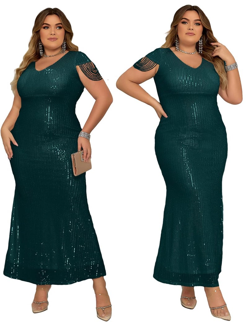 Meilun Women's V Neck Sequin Formal Evening Dress Tassel Bead Sleeve Mermaid Long Gown 1920S Party Maxi Military Dress (Green, XXL) - Image 4